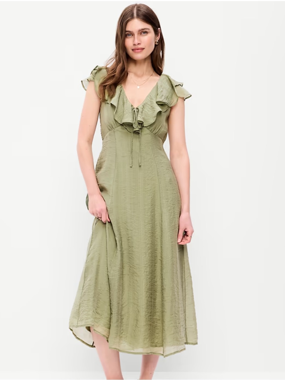 Old Navy Olive Green Ruffle-Trim Midi Dress